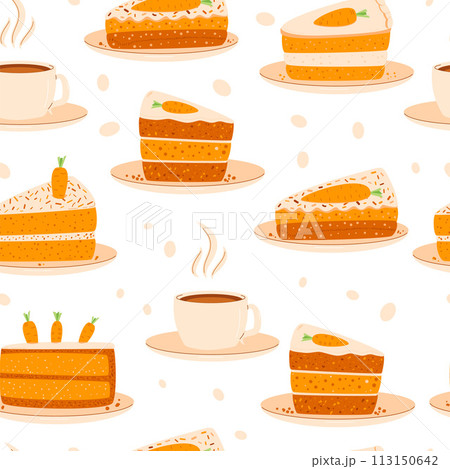 Carrot cakes seamless pattern. Sweet bakery piece and coffe loop ornament. Pastry dessert slices with cream endless background. Vector pie repeat cover illustration. 113150642