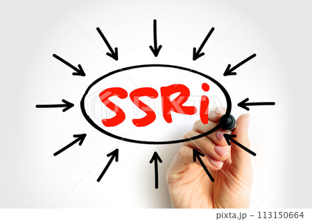 SSRI Selective Serotonin Reuptake Inhibitor - class of drugs that are typically used as antidepressants in the treatment of major depressive disorders, acronym text with arrows SSRI Selective Serotonin Reuptake Inhibitor - class of drugs that are typically used as antidepressants in the treatment of major depressive disorders, acronym text with arrows 113150664