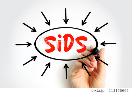 SIDS Sudden Infant Death Syndrome - sudden unexplained death of a child of less than one year of age, acronym text with arrows SIDS Sudden Infant Death Syndrome - sudden unexplained death of a child of less than one year of age, acronym text with arrows 113150665