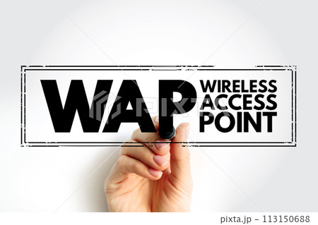 WAP - Wireless Access Point is a networking hardware device that allows other Wi-Fi devices to connect to a wired network, acronym text concept stamp 113150688