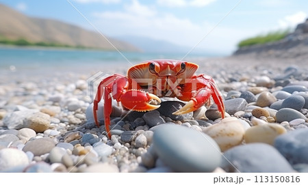 Red crab walking on the sandy shore of a beach with defocused white background and space for text 113150816