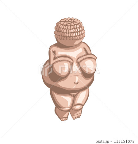 Hand drawn color doodle Venus of Willendorf isolated on white background. Paleontological figurine of obese woman, symbol of fertility, foremother, ancestress. Archaeological artifact. 113151078