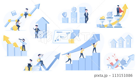 Business ideas collection set. A variety of scenes depicting startups, stock market, data analysis, creativity, thinking, strategic planning, business growth, and success. Flat vector illustration. Business ideas collection set. A variety of scenes depicting startups, stock market, data analysis, creativity, thinking, strategic planning, business growth, and success. Flat vector illustration. 113151086