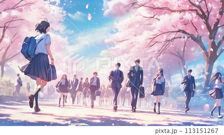 春の景色と登校する学生達 113151267