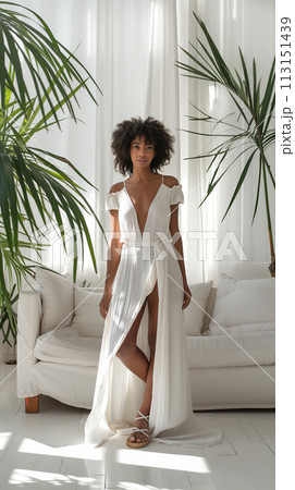 Woman in flowing white dress in bright room 113151439