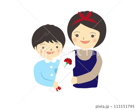 母の日、お母さんに赤いカーネーションの花束をあげる子供 母の日、お母さんに赤いカーネーションの花束をあげる子供 113151795