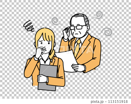 Illustration of a female office worker who is troubled by her boss's aging odor 113151918