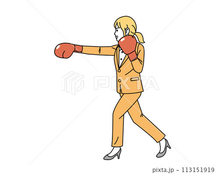 ボクシンググローブでパンチする女性会社員のイラスト 113151919