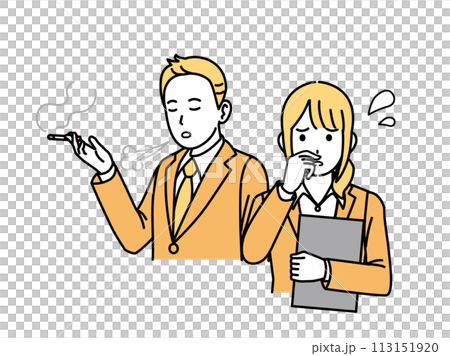 Illustration of a female office worker troubled by cigarette smoke and odor 113151920