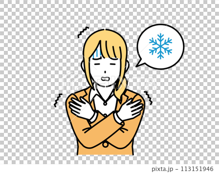 Illustration of a female office worker who is sensitive to cold and gets cold 113151946