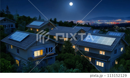 Houses in suburb with solar panels at night Houses in suburb with solar panels at night 113152129