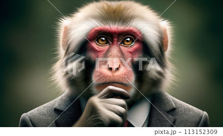 アゴに手をあて考えるスーツを着た猿 113152309