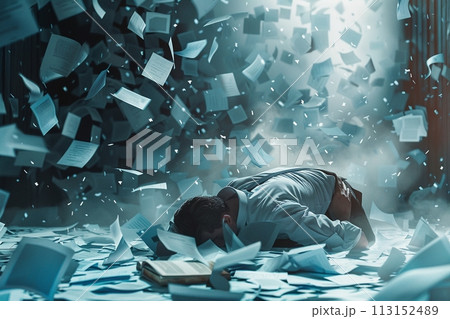 AI Generated exhausted businessman lying down on the ground with huge of flying documents and paper. 113152489