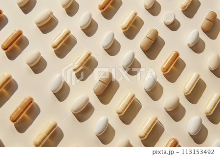 Various pills on a beige background. 113153492
