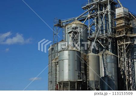 Modern grain terminal. Metal tanks of elevator. Grain-drying complex construction. Commercial grain or seed silos at seaport. Steel storage for agricultural harvest. 113153509