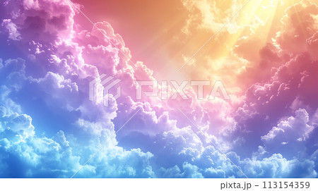 神や天使が降臨したイメージ：虹色の雲と天使の階段のような黄金色の日光：雲のCG加工