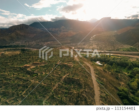 Panoramic view of Pucara de Tilcara pre-inca ruins - Tilcara, Jujuy, Argentina 113154401