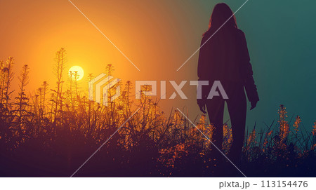 満開の菜の花畑から沈む夕日を眺めている一人の女性