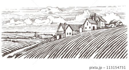 Rural landscape with a farm in engraving style. Hand drawn Illustration vector 113154731