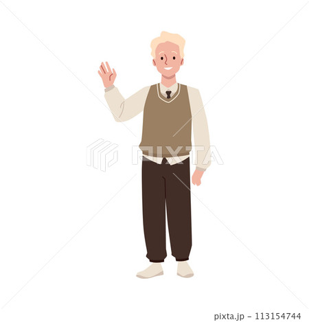 A high school student in vector style: a young guy in a uniform happily waves his hand. A high school student in vector style: a young guy in a uniform happily waves his hand. 113154744