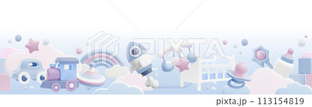 Baby shower 3d vector seamless border, cartoon newborn care accessories and entertainment cute render toys on blue cloud Baby shower 3d vector seamless border, cartoon newborn care accessories and entertainment cute render toys on blue cloud 113154819