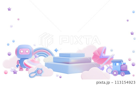 Pink and blue podium pedestal, newborn care accessories, toys stage for baby shop 3D vector advertising design on white 113154923