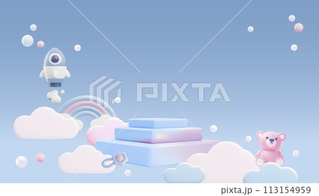 Pink and blue podium pedestal, newborn accessories product stage, showcase for baby shop 3D advertising vector design 113154959