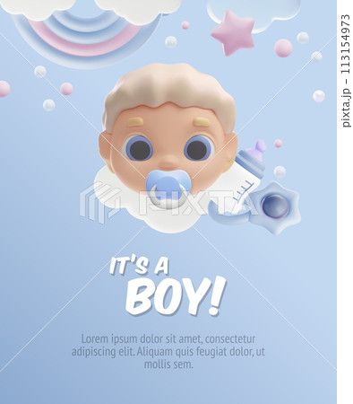 Cute baby boy face with blue nipple, bottle with pacifier rattle, cartoon Baby shower It's a boy 3d vector poster design Cute baby boy face with blue nipple, bottle with pacifier rattle, cartoon Baby shower It's a boy 3d vector poster design 113154973