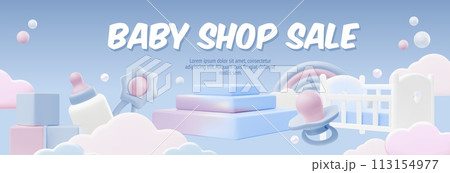 Baby shop sale 3D style advertising vector banner, pink and blue podium product stage showcase newborn care accessories 113154977