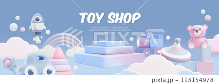 Vector banner of a toy store with a set of 3D toys. Vector banner of a toy store with a set of 3D toys. 113154978
