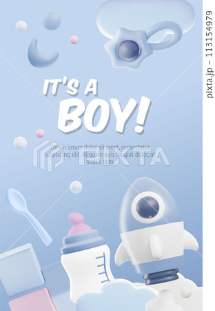 Baby shower 3d style space with lettering It's a boy vector poster, cartoon blue vertical invitation design, spaceship 113154979