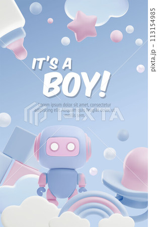 Baby shower with lettering It's a boy 3d style poster, vector cartoon blue vertical design, robot toy newborn accessory Baby shower with lettering It's a boy 3d style poster, vector cartoon blue vertical design, robot toy newborn accessory 113154985