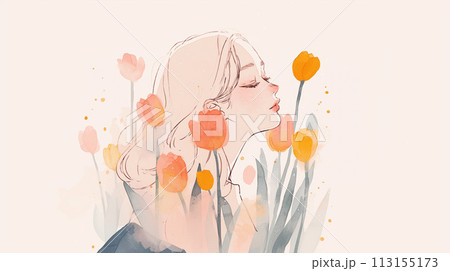 チューリップと女性の横顔 113155173