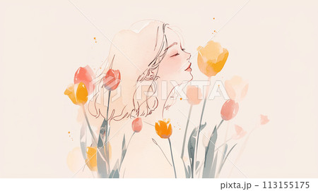チューリップと女性の横顔 113155175