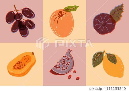 Fruit composition with risograph imitation. Horizontal banner or pattern. Retro style. Healthy food concept. Different tropical fruits in contrast squares Fruit composition with risograph imitation. Horizontal banner or pattern. Retro style. Healthy food concept. Different tropical fruits in contrast squares 113155240