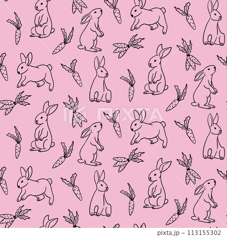 Spring seamless pattern with outline bunnies and carrots. Black doodle elements on pink color. Spring holiday design for decoration, wrapping, banner 113155302