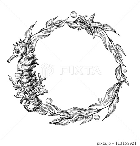 Underwater world clipart with sea animals seahorse, shells, coral and algae. Graphic illustration hand drawn in black ink. Circle wreath, frame EPS vector. Underwater world clipart with sea animals seahorse, shells, coral and algae. Graphic illustration hand drawn in black ink. Circle wreath, frame EPS vector. 113155921