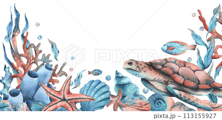 Underwater world clipart with sea animals whale, turtle, octopus, seahorse, starfish, shells, coral and algae. Hand drawn watercolor illustration. Border, template, frame isolated from the background. Underwater world clipart with sea animals whale, turtle, octopus, seahorse, starfish, shells, coral and algae. Hand drawn watercolor illustration. Border, template, frame isolated from the background. 113155927