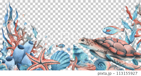 Underwater world clipart with sea animals whale, turtle, octopus, seahorse, starfish, shells, coral and algae. Hand drawn watercolor illustration. Border, template, frame isolated from the background. Underwater world clipart with sea animals whale, turtle, octopus, seahorse, starfish, shells, coral and algae. Hand drawn watercolor illustration. Border, template, frame isolated from the background. 113155927