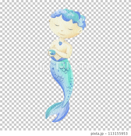 Mermaid is a little boy with tail, holding a pearl in her hand. Watercolor illustration hand drawn with pastel colors turquoise, blue, mint, coral. Element isolated from background Mermaid is a little boy with tail, holding a pearl in her hand. Watercolor illustration hand drawn with pastel colors turquoise, blue, mint, coral. Element isolated from background 113155953