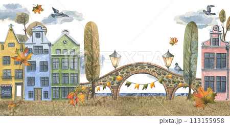 Ancient European houses are colorful, with autumn trees and leaves, stone bridges and lanterns. Hand drawn watercolor illustration. The scene, template is isolated from the background 113155958