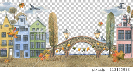 Ancient European houses are colorful, with autumn trees and leaves, stone bridges and lanterns. Hand drawn watercolor illustration. The scene, template is isolated from the background 113155958