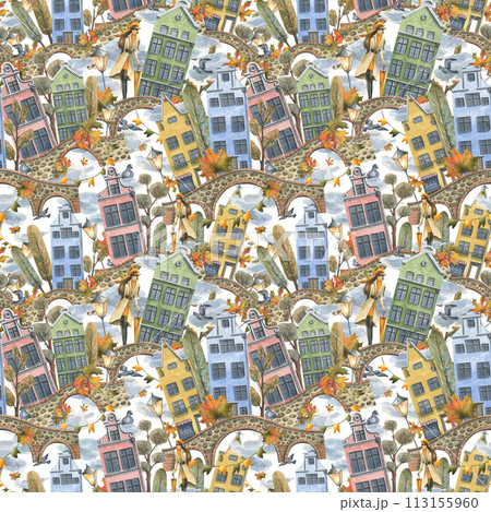 Ancient European houses are colorful, with autumn trees and leaves, stone bridges and lanterns, with a girl in a raincoat with an umbrella. Hand drawn watercolor illustration. Seamless pattern 113155960