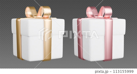 Gift boxes with ribbons, realistic 3d white boxes with golden and rose gold bows. Surprise gift 113155999