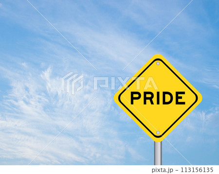 Yellow transportation sign with word pride on blue color sky background Yellow transportation sign with word pride on blue color sky background 113156135
