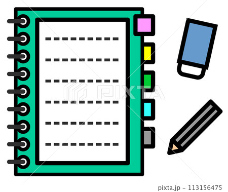 白紙のメモ帳ノートと筆記用具のイラスト 白紙のメモ帳ノートと筆記用具のイラスト 113156475