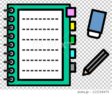 Illustration of a blank notepad notebook and writing utensils 113156475