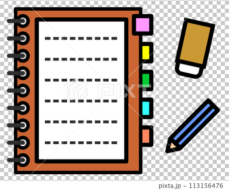 白紙のメモ帳ノートと筆記用具のイラスト 113156476