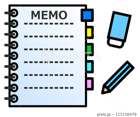 白紙のメモ帳ノートと筆記用具のイラスト 白紙のメモ帳ノートと筆記用具のイラスト 113156479