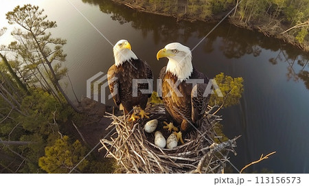 Majestic Bald Eagles in the Nest with Their Eggs. Biodiversity, Birdwatching, Wildlife. AI Generated 113156573